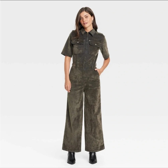 NWT Women's Holiday Short Sleeve Flocked
Denim Jumpsuit - Universal Thread Olive - Picture 1 of 4